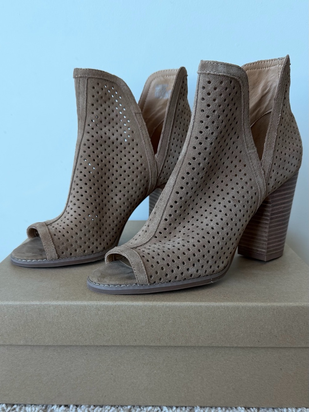 Lucky Brand Suede Perforated Peep-Toe Block Heel Booties - Taupe